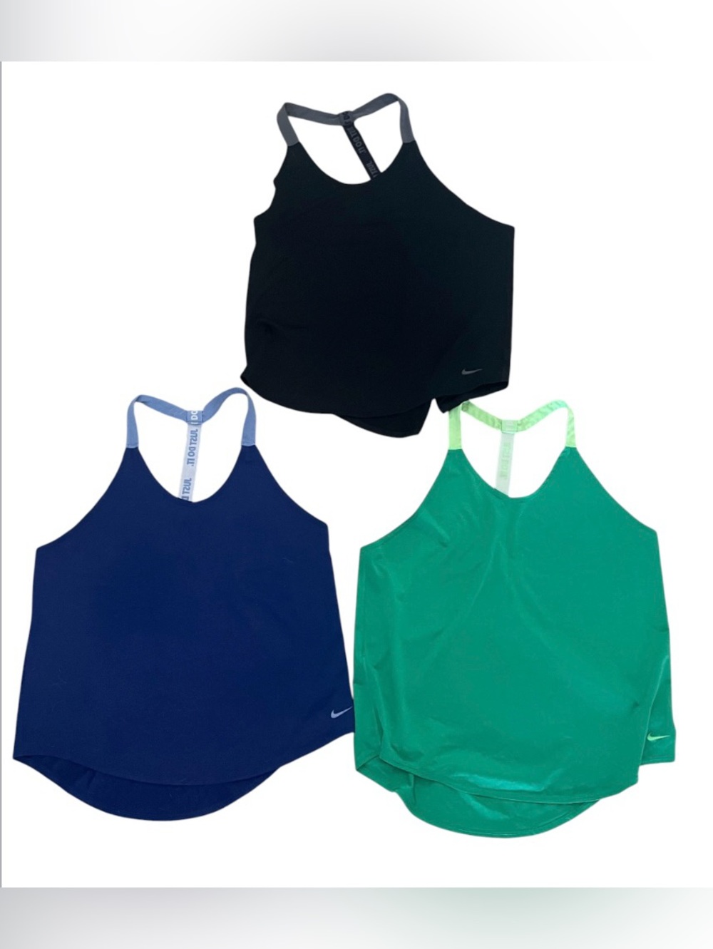 Set of 3 NIKE DRI-FIT Racerback Tanks Tees Thin Logo Straps Black, Blue & Green